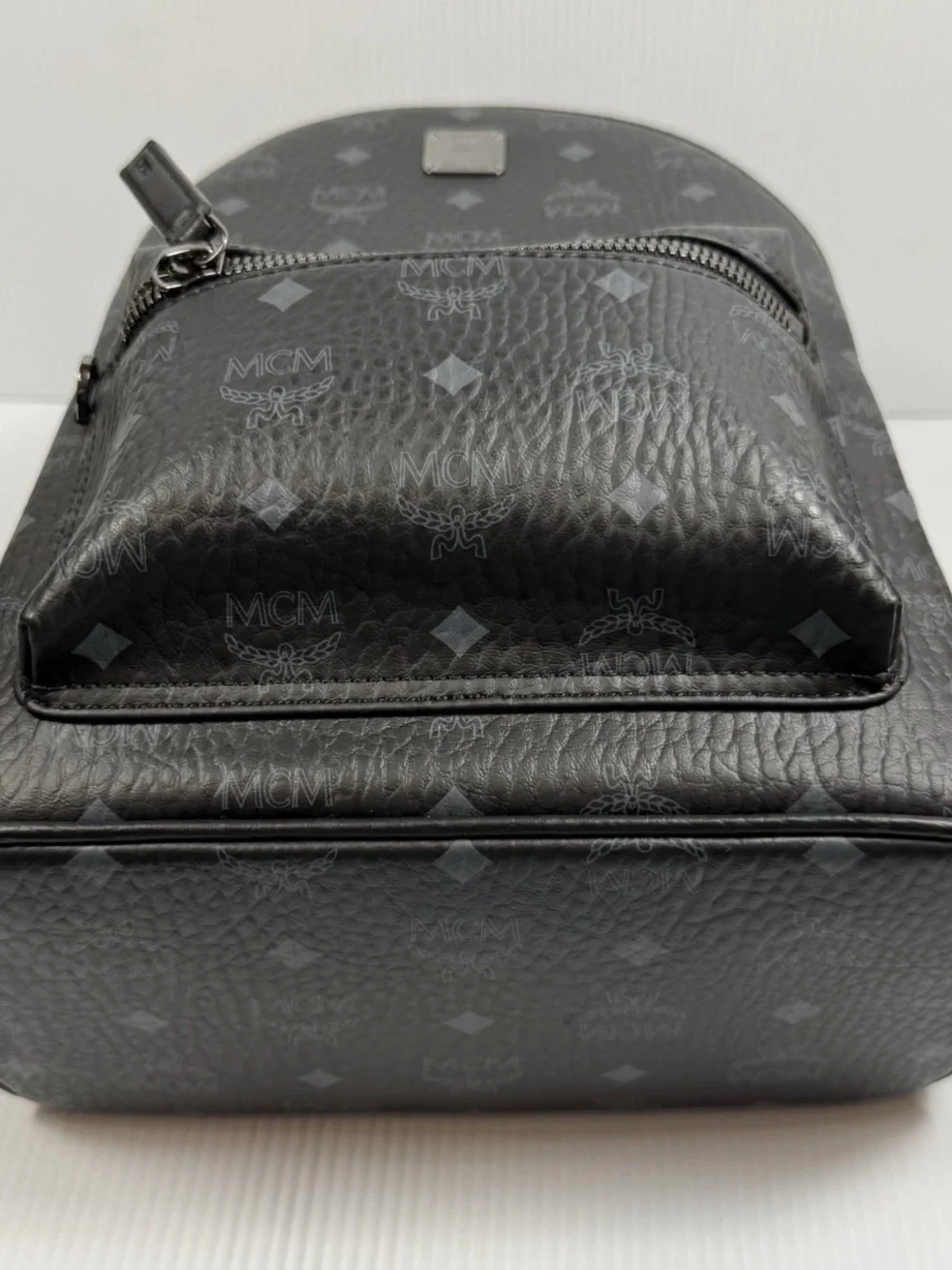 MCM Black Monogram Mini Backpack with Front Zip Pocket